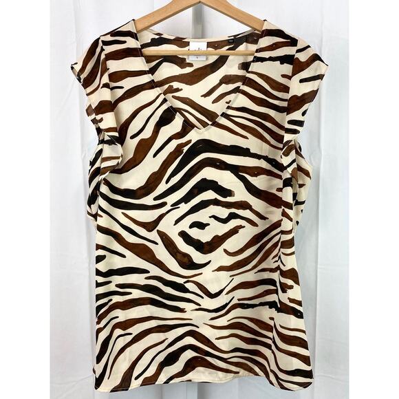 CABI  Size L Zebra Print Flutter Cap Sleeve Top 3771 V Neck Brown Cream - Picture 1 of 7